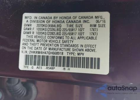 2016 Honda Cr-V Se z USA, uszkodzony, nr VIN 2HKRM4H47GH668918